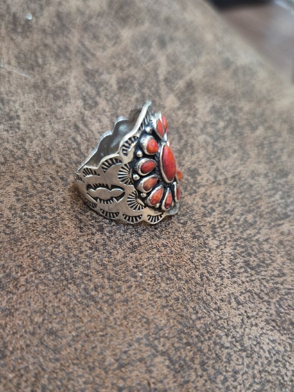 Vintage-Inspired Sterling-Style Red Coral Cluster Ring 6.5 - Picture 2 of 15